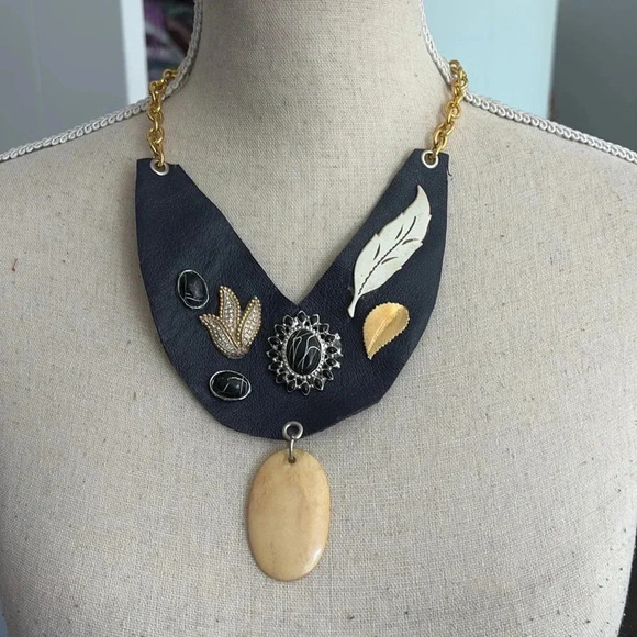 One Of A Kind Blue Leather Necklace  With Cameo & Beaded Leaves. Handmade By Me! - Picture 3 of 8